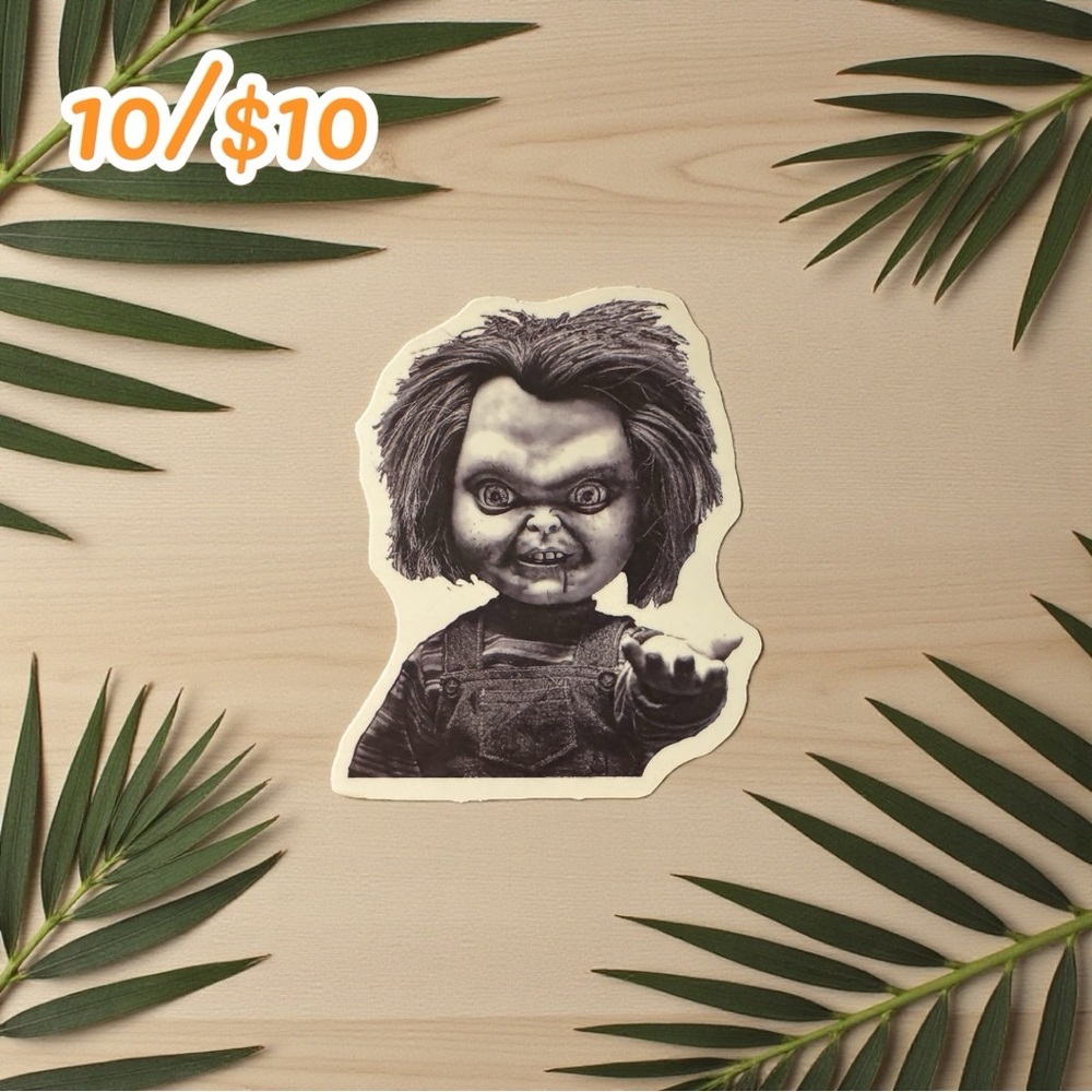Chucky Horror Sticker – Creepy Doll Black & White Vinyl Decal